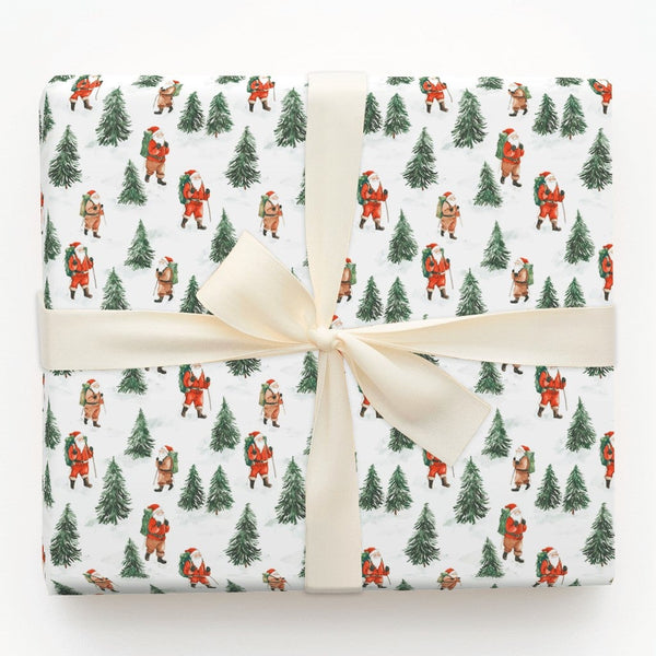 Snowy Pine Forest Gift Wrap, Hiking Santa Christmas Wrapping Paper, Outdoor Adventurer Holiday Wrapping Paper, Hiker Winter G