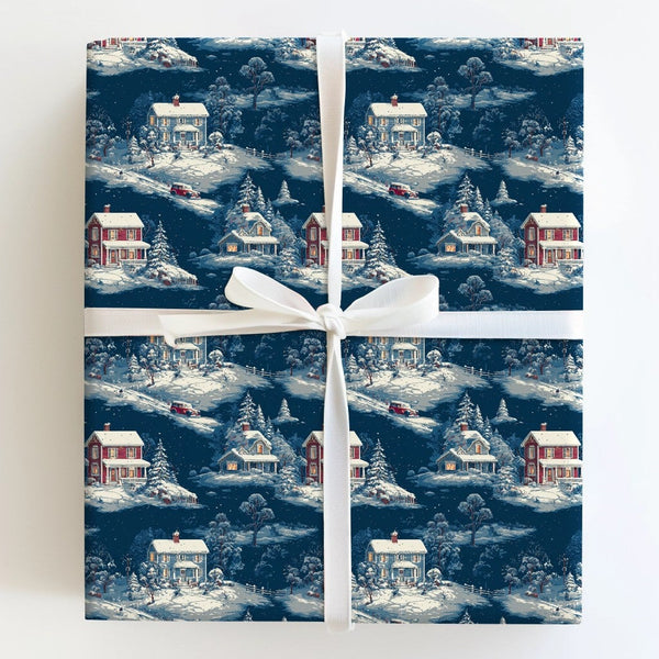 Comfy Winter Town Gift Wrap, Vintage Snowy Village Wrapping Paper, Nostalgic Christmas Wrapping Paper, Scenic Holiday Night G