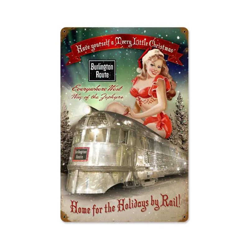 Vintage Railroad Train Sign, Burlington Holiday Train Metal Sign, Retro Locomotive Metal Wall Art, Christmas Railway Decor Metal Sign Plaque