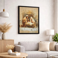 Snowy Holy Family Canvas Print, Nativity Scene Canvas Wall Art, Christian Christmas Wall Decor, Religious Holiday Season Canvas Present