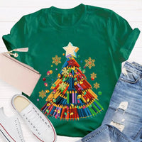 Crayon Christmas Tree Shirt, Art Teacher Christmas T-Shirt, Colorful Art Educator Holiday Graphic Tee, Snowflakes Lights Teacher Present