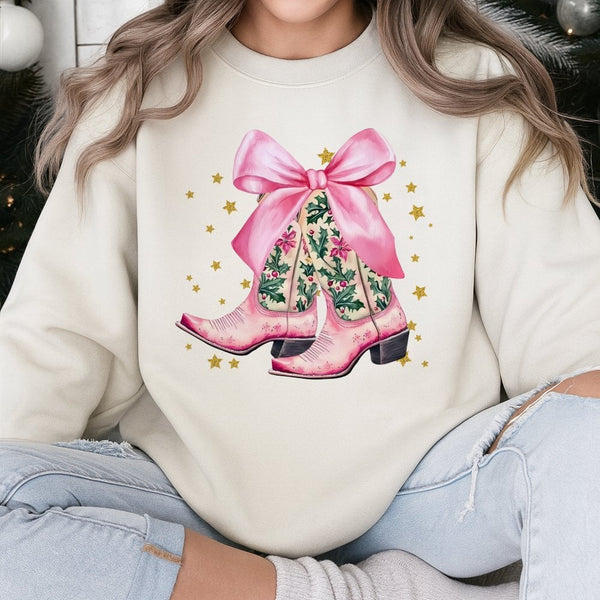 Western Holly Bow Holiday Crewneck, Pink Cowboy Boots Christmas Sweatshirt, Adorable Country Xmas Pullover