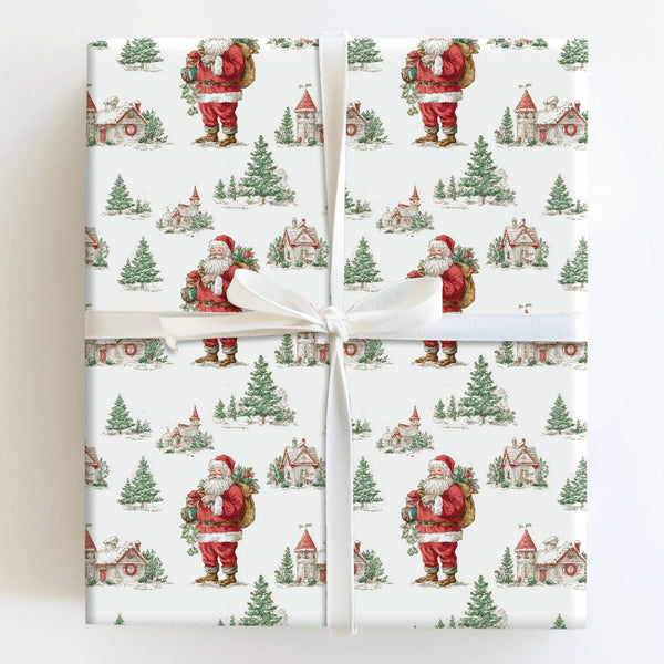 Nostalgic Winter Village Gift Wrap, Vintage Santa Claus Christmas Wrapping Paper, Retro Christmas Town Wrapping Paper, Holida