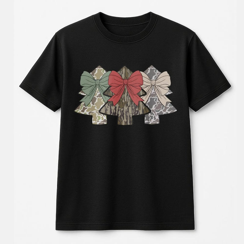 Coquette Bow Festive Camouflage Holiday Tee, Camo Christmas Tree T-Shirt, Southern Country Hunting Xmas Shirt, Hunting Lover Graphic Tee