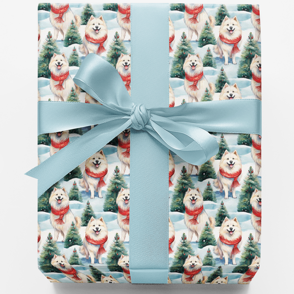 Snowy Forest Puppy Gift Wrap, Samoyed Dog Christmas Wrapping Paper, Adorable Samoyed Dog Wrapping Paper, Winter Holiday Prese