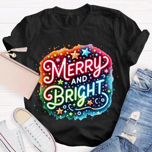Colorful Retro Holiday Graphic Tee, Merry and Bright Tie Dye Christmas Shirt, Rainbow Xmas T-Shirt, Matching Holiday Outfit
