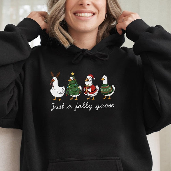 Adorable Santa Duck Christmas Graphic Hooded Sweatshirt, Just A Jolly Goose Hoodie, Silly Honk Xmas Pullover, Humorous Winter