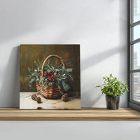 Winter Still Life Painting Canvas, Christmas Basket Square Canvas, Rustic Holiday Wall Art Canvas Print, Festive Christmas Home Decor