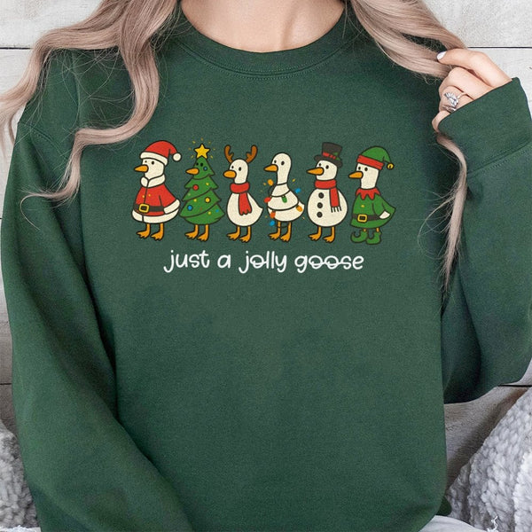 Silly Duck Holiday Sweater, Jolly Goose Christmas Sweatshirt, Humorous Animal Graphic Crewneck, Adorable Winter Season Pullov