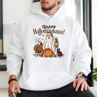 Humorous Ghost Turkey Pumpkin Hooded Sweatshirt, Happy Hallothankmas Hoodie, Halloween Thanksgiving Christmas Hoodie, Spooky Fall Holiday Present