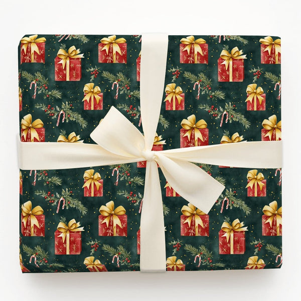 Candy Cane Holiday Gift Wrap, Watercolor Christmas Wrapping Paper, Dark Green Xmas Wrapping Paper, Holly Present Gift Wrap