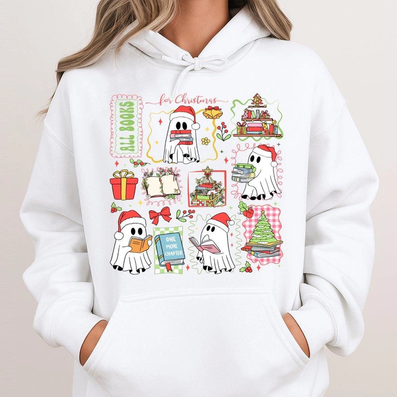 Adorable Reading Ghost Bookish Hoodie, Christmas Ghost Hoodie, Comfy Book Lover Holiday Sweatshirt, Librarian Xmas Graphic Pullover Hoodie