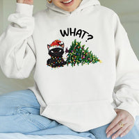Humorous Cat with Holiday Lights Hoodie, Grumpy Black Cat Christmas Hoodie, Sarcastic Christmas Cat Mom Pullover, Adorable Xmas Sweatshirt