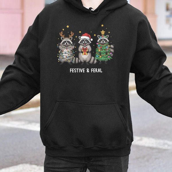 Humorous Christmas Animal Hoodie, Festive and Feral Raccoon Hoodie, Adorable Trash Panda Holiday Sweatshirt, Retro Raccoon Xm
