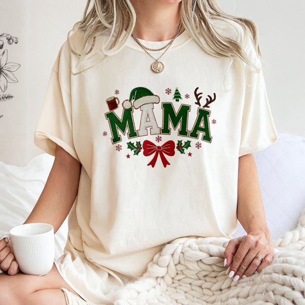 Santa Hat Bow Graphic Tee, Christmas Mama T-Shirt, Adorable Holiday Mom Shirt, Festive Xmas Mommy T-Shirt, Family Winter Appa