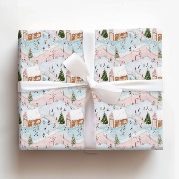 Winter Rink Christmas Gift Wrap, Ice Hockey Gingerbread Village Wrapping Paper, Holiday Ice Skating Wrapping Paper Roll, Past