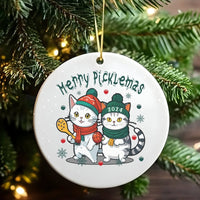 Humorous Pickleball Player Ceramic Ornament, Merry Picklemas Cat Christmas Ornament, Adorable Kitten Sports Keepsake Ornament, Holiday Tree Present