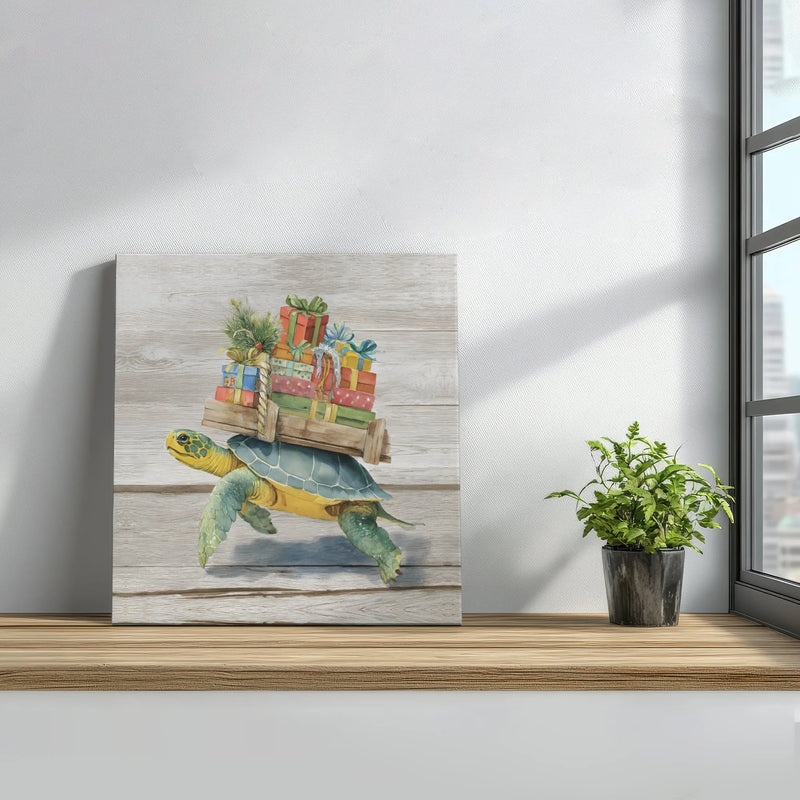 Holiday Presents Watercolor Animal Print, Sea Turtle Christmas Canvas Wall Art, Coastal Christmas Canvas Decor, Winter Digital Download