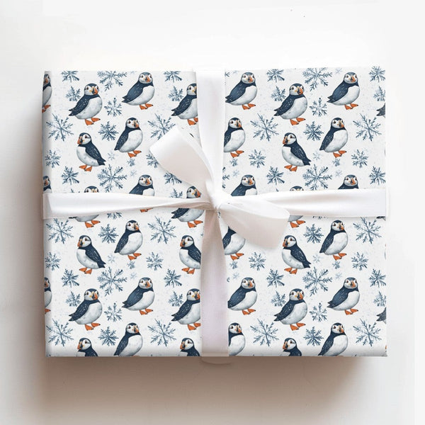 Winter Snowflake Gift Wrap, Puffin Bird Wrapping Paper, Adorable Arctic Animal Wrapping Paper, Christmas Holiday Gift Wrap Ro