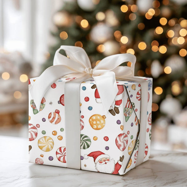 Peppermint Candy Gift Wrap, Watercolor Santa Wrapping Paper, Festive Christmas Wrapping Paper, Holiday Gift Wrap Roll, Xmas P