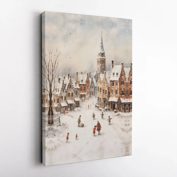 Snowy European Town Watercolor Canvas, Winter Village Canvas Wall Art, Comfy Christmas Town Wall Decor, Holiday Landscape Art