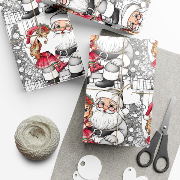 Christmas Line Art Gift Wrap, Santa and Girl Coloring Book Wrapping Paper, Santa Claus Holiday Wrapping Paper, Kids Xmas Wrap