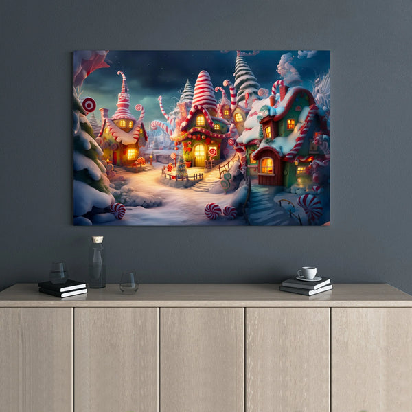 Gingerbread House Canvas Print, Whimsical Christmas Candy Village Canvas Art, Adorable Holiday Wall Poster, Festive Winter Ho