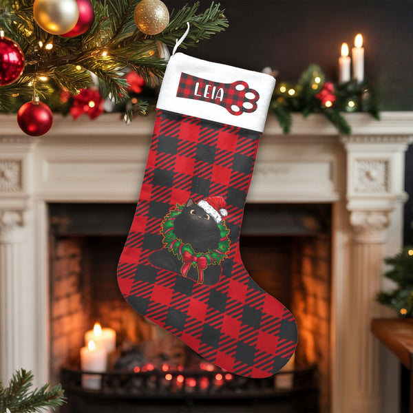 Red Plaid Paw Print Stocking, Personalized Black Cat Christmas Stocking, Adorable Pet Xmas Stocking, Custom Pet Lover Holiday