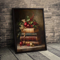 Antique Books Wall Art Print, Christmas Still Life Canvas Print, Vintage Holiday Canvas Print, Winter Digital Download, Book Lover Present