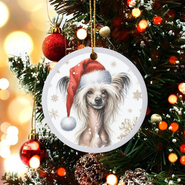 Santa Hat Puppy Ceramic Ornament, Chinese Crested Dog Christmas Ornament, Pet Lover Holiday Tree Ornament, Xmas Keepsake Dog 