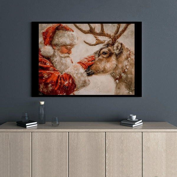 Snowy Holiday Canvas Print, Santa Claus and Reindeer Canvas Wall Art, Whimsical Christmas Wall Decor, Festive Winter Canvas, 