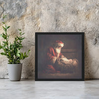 Holy Nativity Baby Jesus Wall Art, Santa Kneeling at Manger Canvas, Religious Santa Canvas Print, Christian Christmas Canvas Decor Present