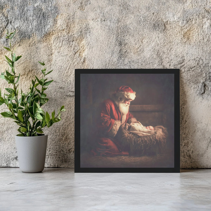 Holy Nativity Baby Jesus Wall Art, Santa Kneeling at Manger Canvas, Religious Santa Canvas Print, Christian Christmas Canvas Decor Present