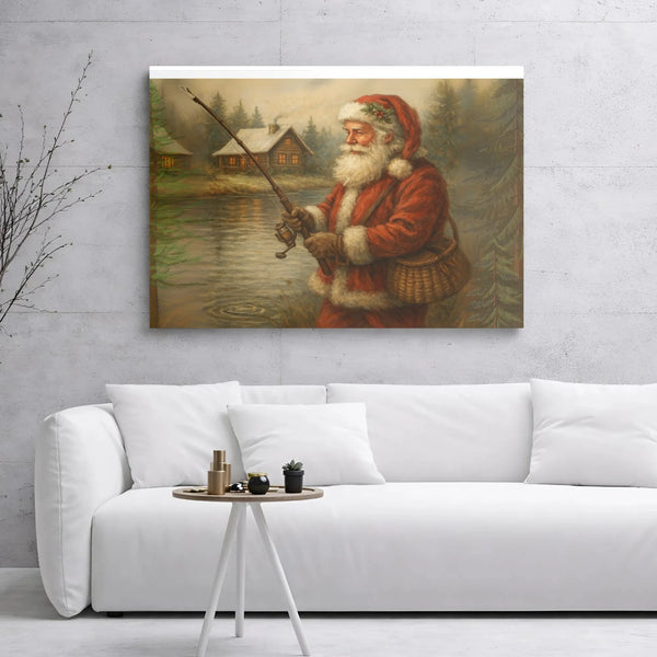 Rustic Log Cabin Christmas Canvas Art, Santa Claus Fishing Canvas, Winter Landscape Canvas Print, Holiday Wall Decor, Fisherm