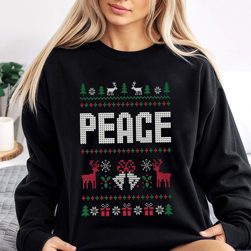 Festive Reindeer Pattern Sweater, Peace Ugly Christmas Sweatshirt, Comfy Holiday Season Crewneck, Retro Winter Xmas Pullover