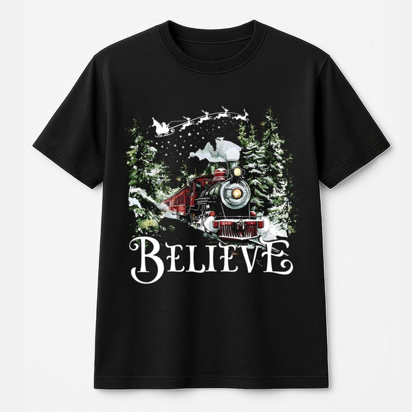 Vintage Steam Engine Christmas Shirt, Believe Christmas Train T-Shirt, Holiday Movie Christmas Tee, Festive Graphic Christmas