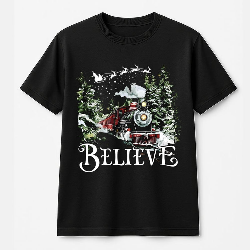 Vintage Steam Engine Christmas Shirt, Believe Christmas Train T-Shirt, Holiday Movie Christmas Tee, Festive Graphic Christmas T-Shirt, Present