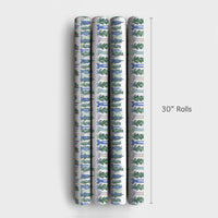 Blue Bows Christmas Gift Wrap, Watercolor Pine Garland Wrapping Paper, 90 GSM Fine Art Paper, Holiday Present Wrapping Paper Roll