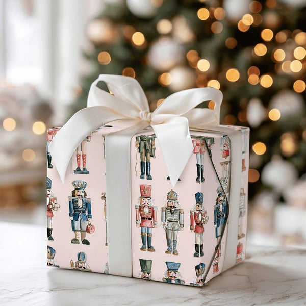 Watercolor Christmas Gift Wrap, Nutcracker Soldier Wrapping Paper, Pink Holiday Present Paper, Nutcracker Ballet Gift Wrap Pa