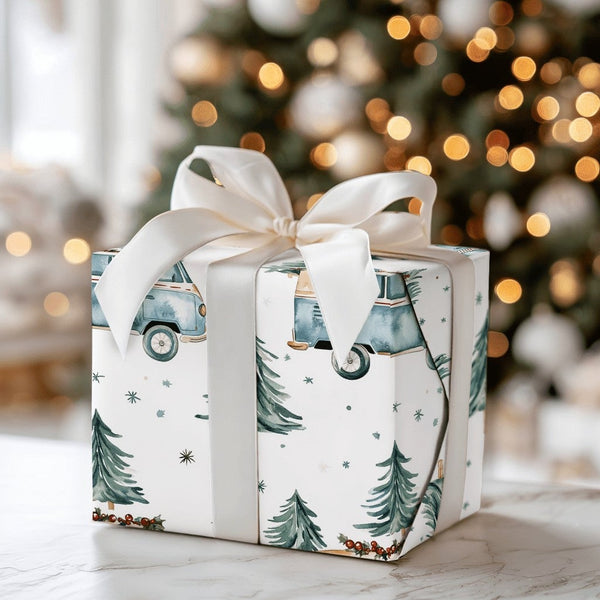 Retro Camper Van Gift Wrap, Vintage Blue Camper Wrapping Paper, Winter Pine Tree Camper Paper Roll, Christmas Travel Gift Wra