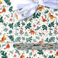 Festive Orange Dino Gift Wrap, Christmas Holly Dinosaur Wrapping Paper, Botanical Holiday Dinosaur Wrapping Paper, Adorable Kids Gift Wrap Roll