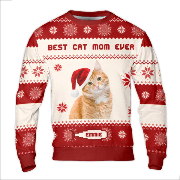 Custom Orange Tabby Santa Hat Sweater, Personalized Cat Mom Ugly Christmas Sweater, Adorable Cat Lover Crewneck, Holiday Pres