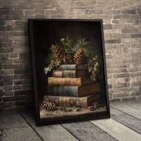 Christmas Holly Canvas Print, Vintage Book Stack Canvas Wall Art, Holiday Still Life Wall Decor, Comfy Winter Bookish Home Decor Canvas Art