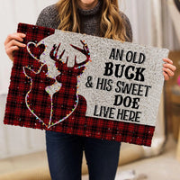 Buffalo Plaid Deer Welcome Mat, Old Buck and Sweet Doe Christmas Doormat, Rustic Winter Cabin Door Rug, Non-Slip Holiday Couple Present