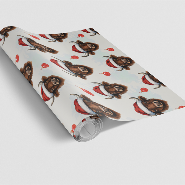 Adorable Cattle Holiday Gift Wrap Roll, Santa Hat Highland Cow Christmas Wrapping Paper, Winter Animal Present Paper, Farmhou