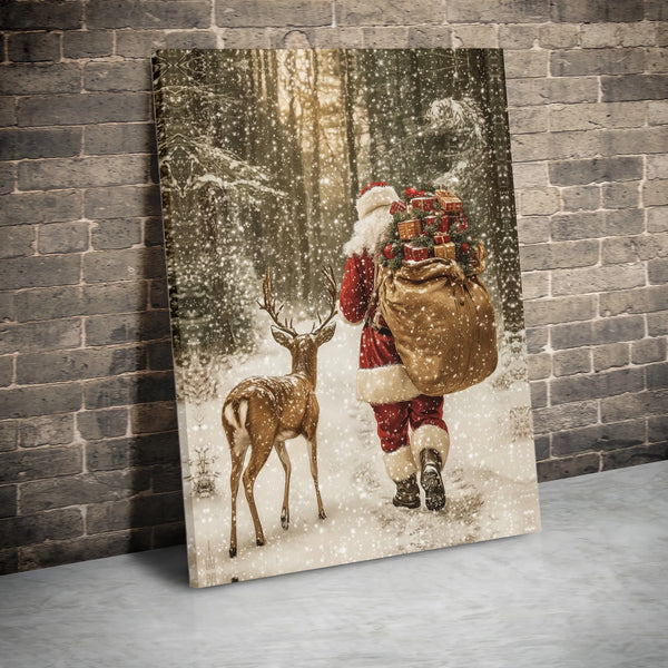 Snowy Forest Holiday Canvas Print, Santa Claus Reindeer Canvas Wall Art, Winter Christmas Canvas Decor, Festive Holiday Wall 