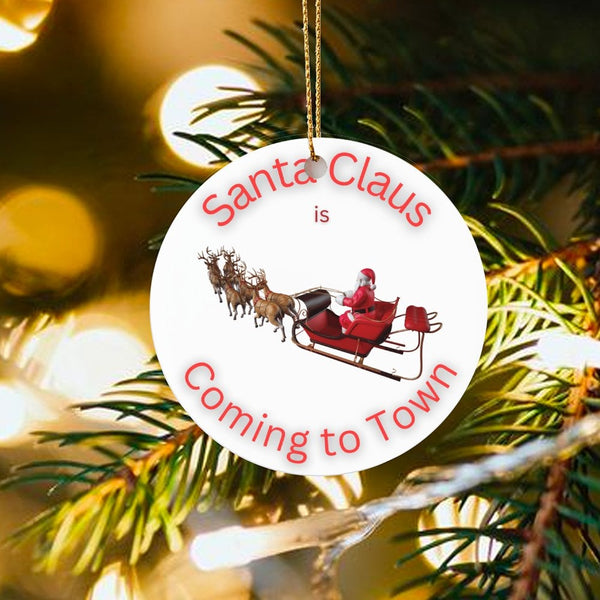 Festive Sleigh and Reindeer Christmas Ornament, Santa Claus Is Coming to Town Ornament, Holiday Tree Ceramic Ornament, Xmas D