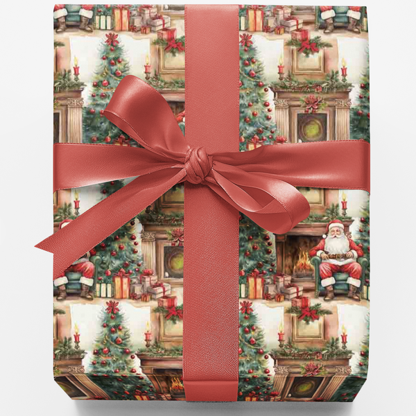Fireside Christmas Gift Wrap, Vintage Santa Wrapping Paper, Retro Holiday Scene Wrapping Paper, Nostalgic Xmas Present Paper