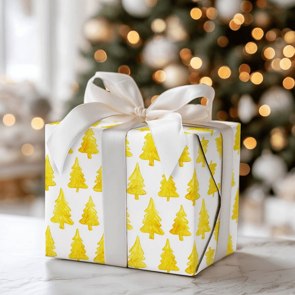 Modern Watercolor Tree Gift Wrap, Yellow Christmas Tree Wrapping Paper, Minimalist Holiday Wrapping Paper, Festive Xmas Gift 