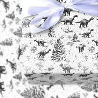 Black and White Winter Dino Gift Wrap, Dinosaur Christmas Wrapping Paper, Snowy Pine Tree Wrapping Paper, Kids Holiday Gift Wrap Roll